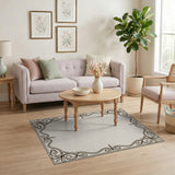 Ornate Floral Vine Border Beige Area Rug