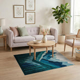 Teal Blue Mountain Peaks and Pine Forest Area Rug