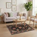 Exquisite Black Persian Rug with Birds Blooms