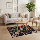 Vibrant Floral Blooms Navy Area Rug