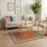 Vivid Orange Teal Floral Persian Area Rug