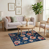 Pink Poppy Floral Navy Area Rug