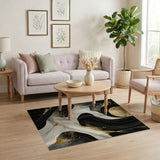 Modern Abstract Black & Gold Marble Washable Area Rug