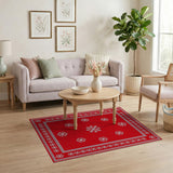 Festive Red Snowflake Area Rug with Ornate Border