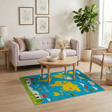 Kids Cartoon World Map Area Rug with Airplanes Houses