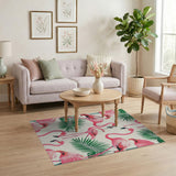 Pink Pink Flamingo Tropical Leaves Area Rug