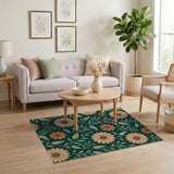 Emerald Green Peach Floral Area Rug
