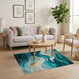 Washable Modern Abstract Teal & Gold Wave Area Rug - Low Pile, Non-Slip