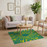 Teal Yellow Swirling Mandala Area Rug