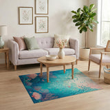 Washable Ocean Coral Reef Area Rug, Teal & Pink Low Pile Coastal Decor