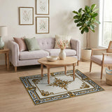 Ornate Gold Navy Bordered Ivory Area Rug