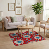 Vibrant Red Daisy Floral Area Rug