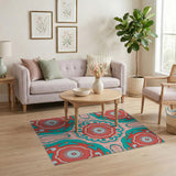 Coral Teal Mandala Boho Area Rug