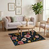 Navy Floral Area Rug with Pink Yellow Blooms