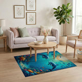 ODIKA Under the Sea Dolphin World Washable Area Rug, Non-Slip Low Pile Ocean Life Carpet for Kids Playroom
