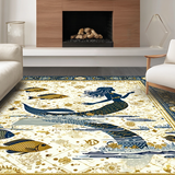 Ultra Soft Area Rug, Non Slip, Stain Resistant, Washable Area Rugs for Living Room, Bedroom, Vintage Coastal Mermaid Illustration(Gold)