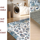 Ultra Soft Area Rug, Non Slip, Stain Resistant, Washable Area Rugs for Living Room, Bedroom, Rustic Blue Toned Medallion Design(White)