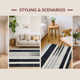 Ultra Soft Area Rug, Non Slip, Stain Resistant, Washable Area Rugs for Living Room, Bedroom, Sleek Striped Runner with Alternating Narrow and Wide Black White Bands(Black)