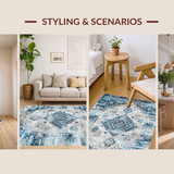 Ultra Soft Area Rug, Non Slip, Stain Resistant, Washable Area Rugs for Living Room, Bedroom, Artistic Vintage Floral Motif(Blue)