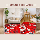Ultra Soft Area Rug, Non Slip, Stain Resistant, Washable Area Rugs for Living Room, Bedroom, Charming Red and White Blossom Style(Red)