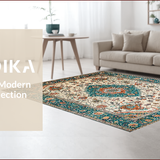 Ultra Soft Area Rug, Non Slip, Stain Resistant, Washable Area Rugs for Living Room, Bedroom, Rustic Soft Teal Paisley Motif(Ivory)