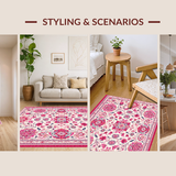 Ultra Soft Area Rug, Non Slip, Stain Resistant, Washable Area Rugs for Living Room, Bedroom, Lively Retro Flower Print Charm(White)