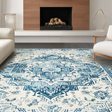 Ultra Soft Area Rug, Non Slip, Stain Resistant, Washable Area Rugs for Living Room, Bedroom, Contemporary Distressed Ogee Style(Blue)