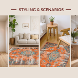 Ultra Soft Area Rug, Non Slip, Stain Resistant, Washable Area Rugs for Living Room, Bedroom, Luxurious Distressed Floral Medallion Touch(Orange)