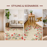 Ultra Soft Area Rug, Non Slip, Stain Resistant, Washable Area Rugs for Living Room, Bedroom, Fruit Inspired Coquette Bow Rug with Cherry Sprigs and Elegant Pink Highlights(Beige)