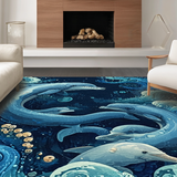 Ultra Soft Area Rug, Non Slip, Stain Resistant, Washable Area Rugs for Living Room, Bedroom, 3D Illusion Nautical with Fluid Octopus Tentacles and Dolphin School(Blue)