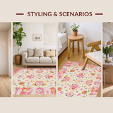 Ultra Soft Area Rug, Non Slip, Stain Resistant, Washable Area Rugs for Living Room, Bedroom, Serene Cream Pink Garden Theme(White)