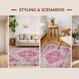 Ultra Soft Area Rug, Non Slip, Stain Resistant, Washable Area Rugs for Living Room, Bedroom, Rustic Subtle Floral Aesthetic(Pink)