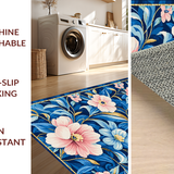 Ultra Soft Area Rug, Non Slip, Stain Resistant, Washable Area Rugs for Living Room, Bedroom, Luxurious Gold Accented Floral Style(Blue)