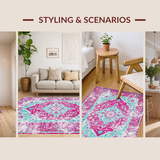 Ultra Soft Area Rug, Non Slip, Stain Resistant, Washable Area Rugs for Living Room, Bedroom, Vintage Inspired Medallion Elegance(Pink)