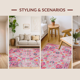 Ultra Soft Area Rug, Non Slip, Stain Resistant, Washable Area Rugs for Living Room, Bedroom, Rustic Multi-Colored Tiled Pattern(Pink)