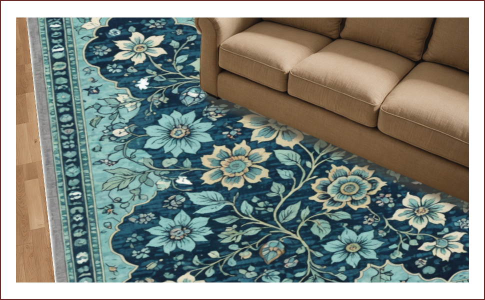 Ultra Soft Area Rug, Non Slip, Stain Resistant, Washable Area Rugs for Living Room, Bedroom, Vintage Floral Non-Slip Living Room(Blue) - ODIKA