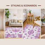 Ultra Soft Area Rug, Non Slip, Stain Resistant, Washable Area Rugs for Living Room, Bedroom, Elegant Lavender Floral Motif(White)