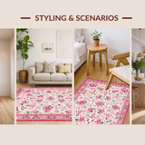 Ultra Soft Area Rug, Non Slip, Stain Resistant, Washable Area Rugs for Living Room, Bedroom, Serene Light Pink Garden Theme(Ivory)