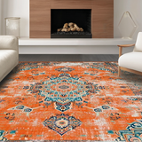 Ultra Soft Area Rug, Non Slip, Stain Resistant, Washable Area Rugs for Living Room, Bedroom, Luxurious Distressed Floral Medallion Touch(Orange)