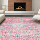 Ultra Soft Area Rug, Non Slip, Stain Resistant, Washable Area Rugs for Living Room, Bedroom, Pastel Abstract Ethnic Motif(Pink)