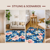 Ultra Soft Area Rug, Non Slip, Stain Resistant, Washable Area Rugs for Living Room, Bedroom, Luxurious Gold Accented Floral Style(Blue)