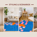 Ultra Soft Area Rug, Non Slip, Stain Resistant, Washable Area Rugs for Living Room, Bedroom, Artful Harmonious Checker Motif(Blue)