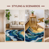 Ultra Soft Area Rug, Non Slip, Stain Resistant, Washable Area Rugs for Living Room, Bedroom, Contemporary Rippled Wave Rug Showcasing Blue Gold Fusion, Abstract Geometry(Blue)