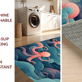 Ultra Soft Area Rug, Non Slip, Stain Resistant, Washable Area Rugs for Living Room, Bedroom, Nautical Octopus Illusion Rug Runner with 3D Oceanic Whale and Dolphin Motifs(Pink)