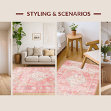 Ultra Soft Area Rug, Non Slip, Stain Resistant, Washable Area Rugs for Living Room, Bedroom, Elegant Antique Floral Whimsy(Pink)