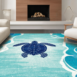 Ultra Soft Area Rug, Non Slip, Stain Resistant, Washable Area Rugs for Living Room, Bedroom, Nautical Harmony Wave Rug with Stylized Turtle and Coastal Shell Patterns(Blue)