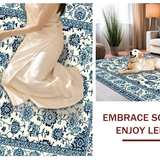 Ultra Soft Area Rug, Non Slip, Stain Resistant, Washable Area Rugs for Living Room, Bedroom, Charming Blue Botanical Illustration(White)