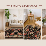 Ultra Soft Area Rug, Non Slip, Stain Resistant, Washable Area Rugs for Living Room, Bedroom, Chic Low-Pile Floral Arrangement(Black)