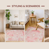 Ultra Soft Area Rug, Non Slip, Stain Resistant, Washable Area Rugs for Living Room, Bedroom, Rustic Symmetrical Patterned Charm(Pink)