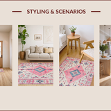 Ultra Soft Area Rug, Non Slip, Stain Resistant, Washable Area Rugs for Living Room, Bedroom, Elegant Vintage Tiled Composition(Pink)